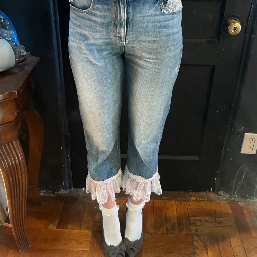 Coquette Lace Ruffle Cropped Designer Denim Jeans, SZ 28